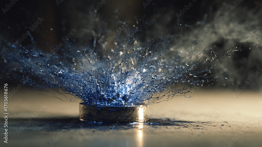 Poster blue liquid exploding from a container creating a dramatic splash with thin tendrils and droplets