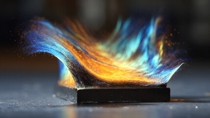 Abstract art blue and orange flame like wave on black surface