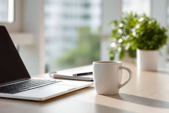 Minimalist desk setup with laptop, notebook, and coffee mug creates serene workspace