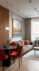 Fototapeta premium Modern living room interior design in a cozy space with warm colors and elegant decor on a sunny day