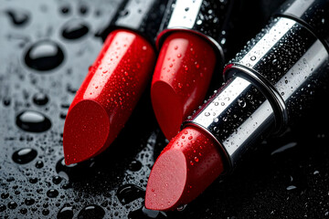 Creative photo of cosmetics makeup beauty products smashed red lipstick swatches beauty fashion concept on black background.