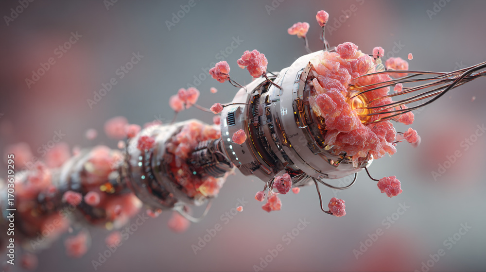 Poster futuristic robotic mechanism linked to pink coral like structures a biomechanical design