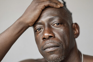 closeup of face showcasing tension in neck and forehead muscles captured during moment of deep inspiration