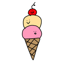 Cute cartoon sticker art illustration. Graphic design of cute ice cream or ice cream with good mood, bright colors on a separate blank background.