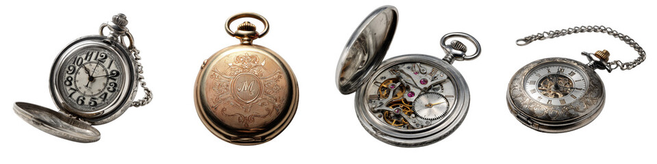 vintage pocket watches collection elegant design intricate details on transparent background