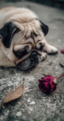 Sad pug outdoors near rose, autumn leaf