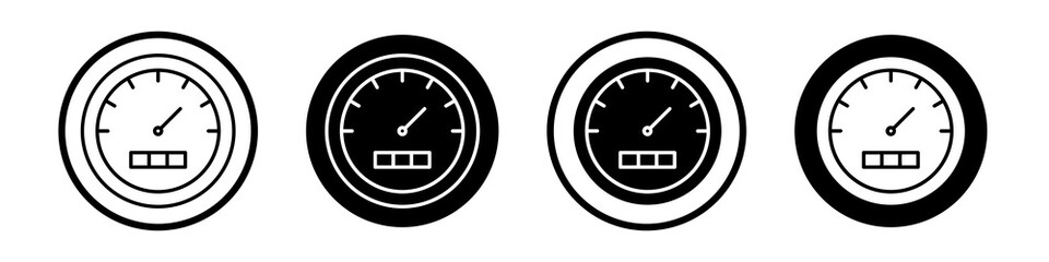 Speedometer icon collection in black and white filled and outlined style for web.