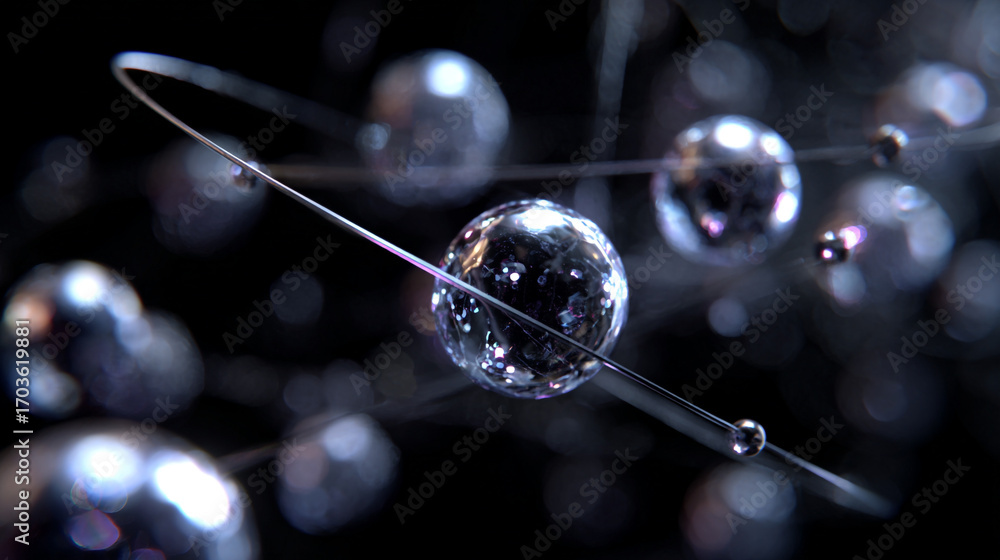 Poster shiny spheres orbit in a dark space connected by thin lines a cosmic dance of light and reflection
