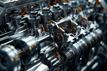 A close-up of a complex engine, showcasing the interplay of pistons, valves, and camshafts in perfect harmony