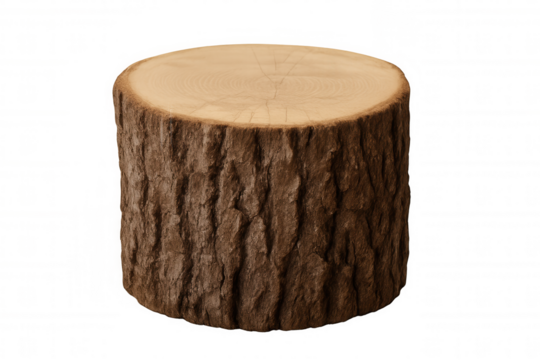 Cross section of tree trunk showing growth rings on transparent background, ideal for product placement or nature-themed designs