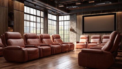 Fototapeta premium Luxurious home theater room with leather recliners