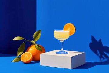 Vibrant cocktail, citrusy drink on a white pedestal against a bold blue backdrop