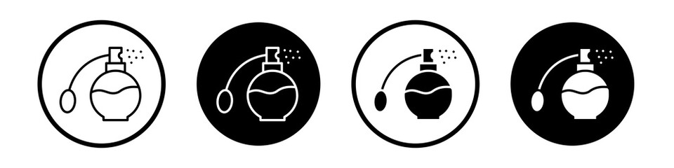 Round perfume bottle icon collection in black and white filled and outlined style for web.