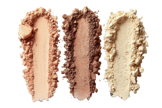 Three swaths of loose powder, light peach, medium brown, and pale yellow