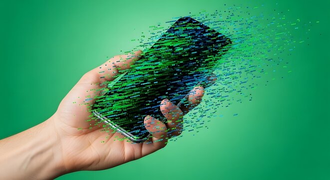 A hand holding a smartphone with digital transformation elements emerging from the screen against a green background.