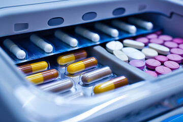 A close-up of a digital pill dispenser with various medications organized neatly inside
