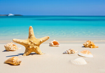 Seashells and Starfish on Sandy Shore: A vibrant beach scene showcasing a starfish and various seashells scattered along a pristine sandy shore.