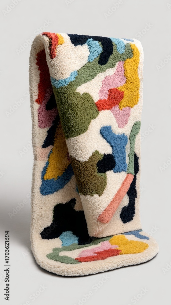 Aufkleber colorful textile design displayed on a stand in a clean studio setting during daylight hours, showca