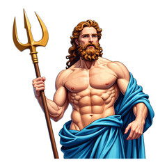 Fototapeta premium Shirtless Bearded Man with Trident, Blue Toga on Transparent Background, 3D Realism Illustration