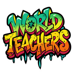 Abstract geometric shapes forming “World Teachers’ Day”, white background.
