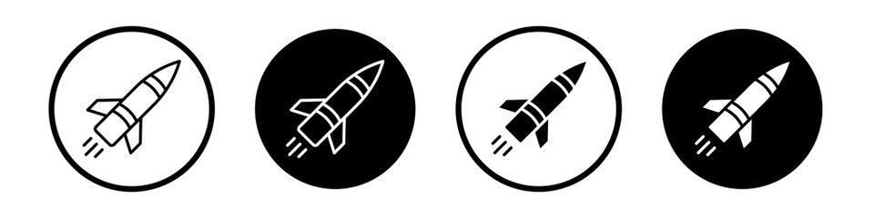 Missile icon collection in black and white filled and outlined style for web.