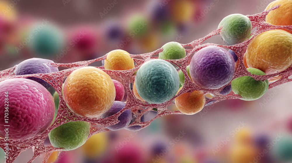 Poster colorful spheres interconnected within a complex network a microscopic view of cellular structures