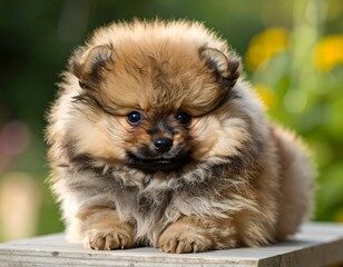 Fototapeta premium Cute fluffy puppy resting outdoors