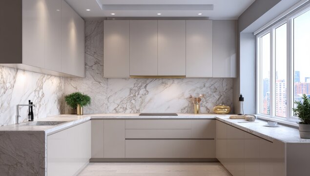 Modern beige kitchen with marble backsplash
