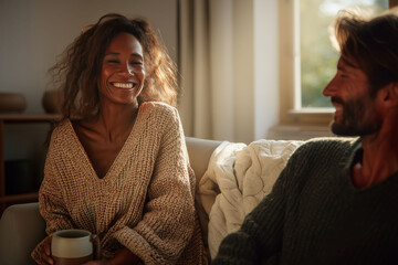 A diverse couple shares a genuine laugh in a cozy, sunlit living room, enjoying warm drinks on a comfortable sofa surrounded by soft knit blankets.