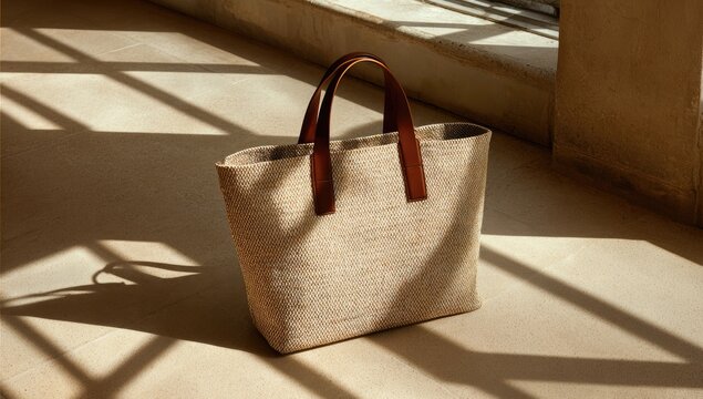 Beige tote bag indoors, sunlit window background, fashion product shot