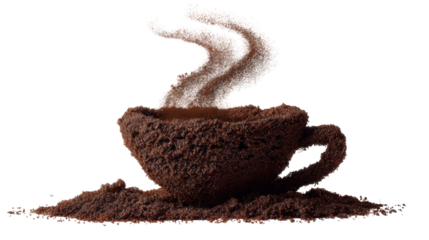 A creative representation of a coffee cup made from coffee grounds with steam rising, white isolated background.