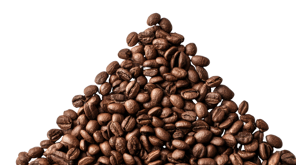 A pile of roasted coffee beans isolated on a white background.