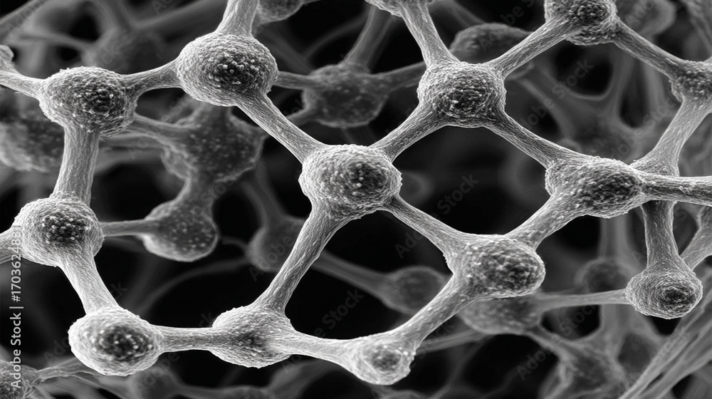 Poster microscopic view of a complex network structure showing interconnected nodes and fibers a detailed g