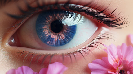 A close-up of a human eye with vibrant purple and blue hues, framed by long lashes