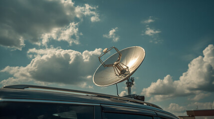 Satellite dish on car roof under cloudy sky outdoor