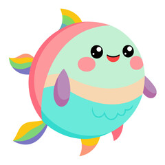 Cute Pastel Fish with Rainbow Fins and Big Eyes on a White Background