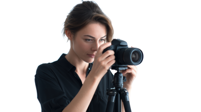 A woman focusing intently on a camera, poised to take a photograph against a white isolated background.