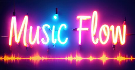 Bright neon sign displays Music Flow above waveform illustration. Vivid purple, blue, orange hues dominate dark background. Energetic visual.