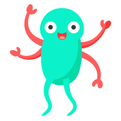 Friendly Turquoise Cartoon Monster with Red Limbs and Happy Expression Isolated on White Background