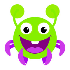 Cheerful Green Alien with Purple Accents and Big Smile on White Background Vector Illustration