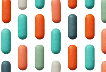 Colorful pills arranged in a grid pattern