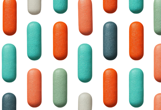 Colorful pills arranged in a grid pattern