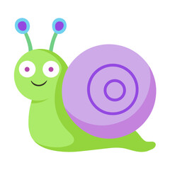 Cute cartoon snail illustration with purple shell and a big smile on white background