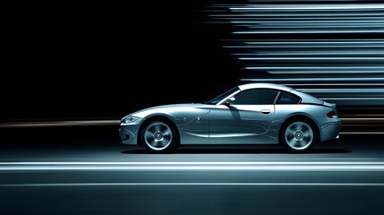 Obraz premium A sleek sports car in motion, showcasing speed and dynamic lighting on a simple road.