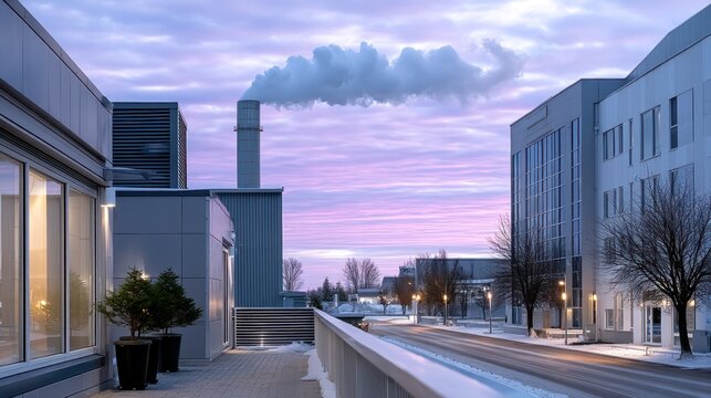 A tranquil, snowy urban scene at dawn, featuring a modern industrial building with a tall smokestack emitting a plume of white smoke against a soft pastel sky.