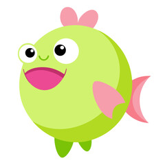 Cartoon green fish smiling with pink fins and white background for children design artwork