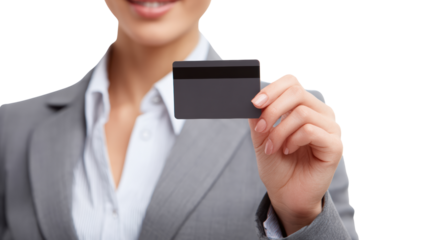 Businesswoman in suit holding a black credit card, white isolate background.