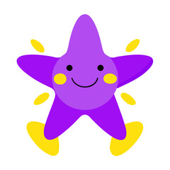Cute cartoon purple star with a happy smile and yellow accents isolated against white backdrop