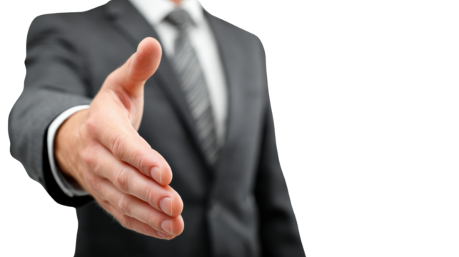 Businessman extending hand for handshake, symbolizing partnership and agreement, white isolate background.