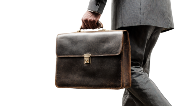 Businessman walking with a leather briefcase, professional attire, isolated on a white background.